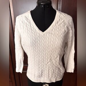 Women's Cream V-neck Cable Knit Sweater